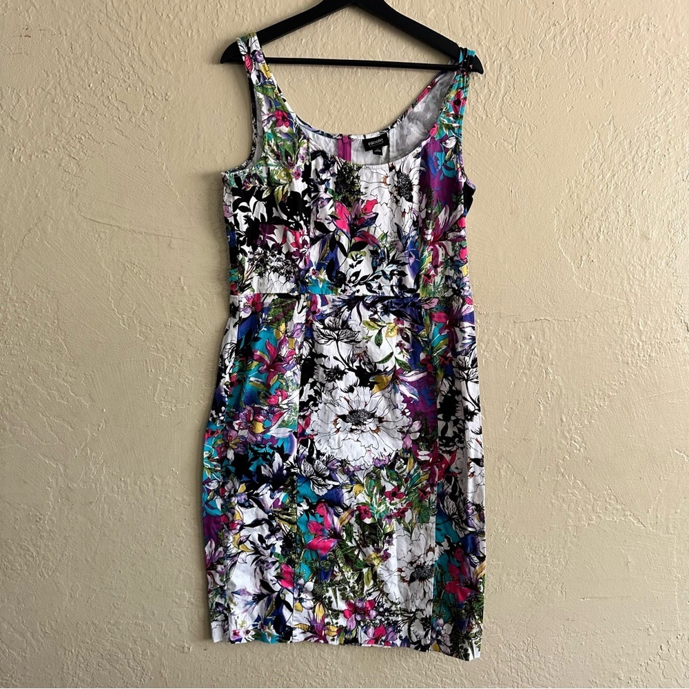 Nicole Miller White Floral Multicolor Sleeveless Midi Sheath Dress
